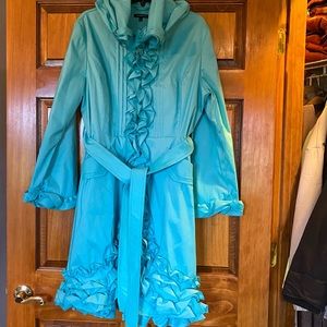 Samuel Dong Long Turquoise Zip Up Tie Waist Ruffle Coat